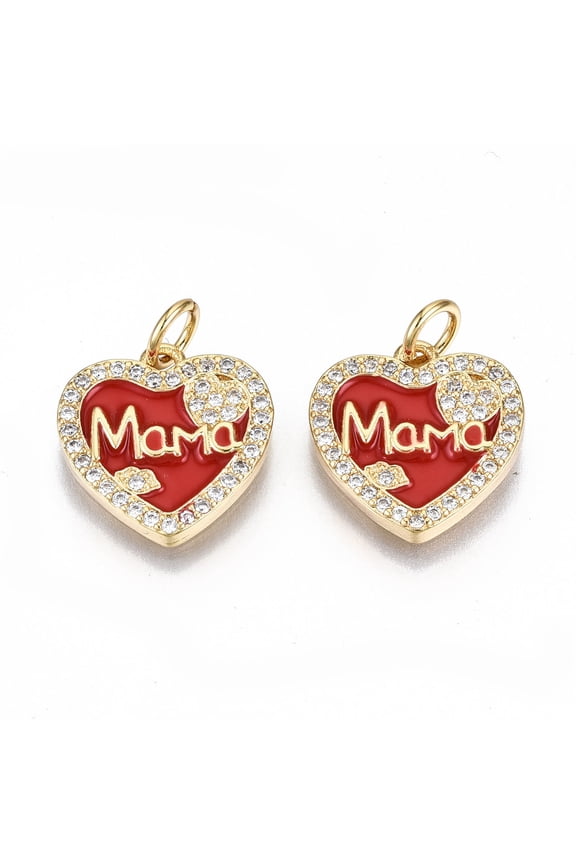 10pc Real 16K Gold Plated Brass Micro Pave Clear Cubic Zirconia Charms with Word MaMa Red 14.5x14x2mm Jump Ring: 5x0.8mm 3.4mm inner diameter
