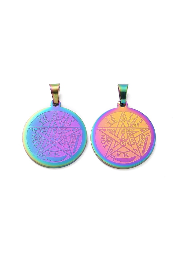 10pc 304 Stainless Steel Flat Round Tetragrammaton Pentagram Wiccan Pendant Rainbow Color 27x24x2mm Hole: 8x4mm