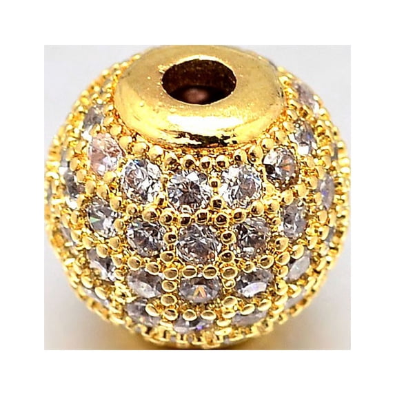 10pc Round Brass Micro Pave Cubic Zirconia Beads Clear Real 18K Gold Plated 12mm Hole: 2mm