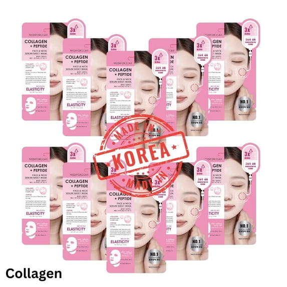 10pc Set MEDI FOR DEAR Collagen and Peptide Face and Neck Mask | Korean Beauty Sheet Mask | Firming & Anti-Aging