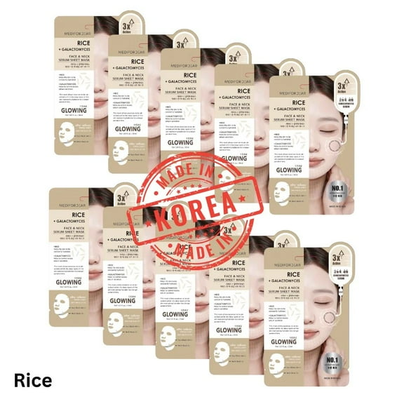 10pc Set MEDI FOR DEAR Rice and Galactomyces Face and Neck Mask | Korean Beauty Sheet Mask | Moisture & Calming