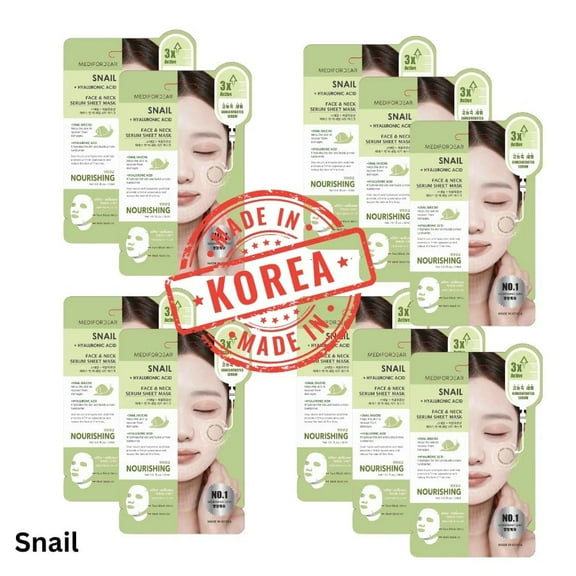 10pc Set MEDI FOR DEAR Snail and Hyaluronic Acid Face and Neck Mask | Korean Beauty Sheet Mask | Hydrating & Repairing