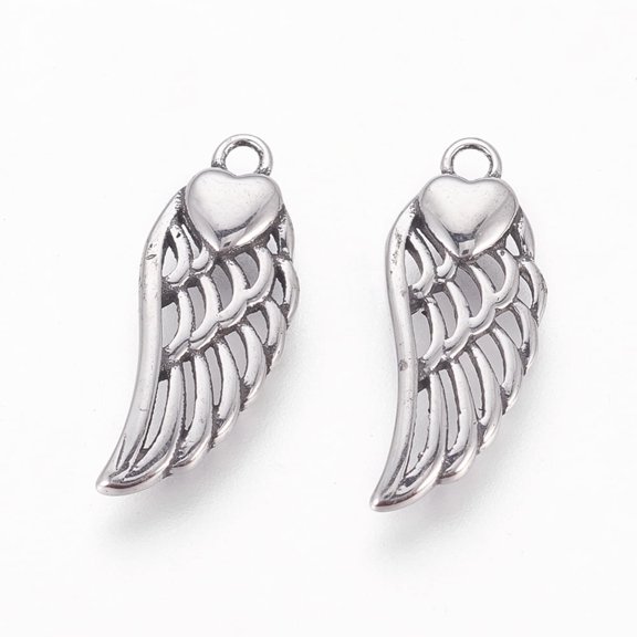 10pc Silver Pendants Wings with Heart Silver 20x8x2.5mm Hole: 1.6mm