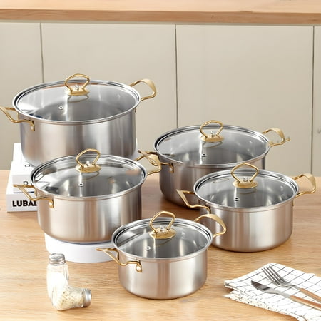 10pc Stainless Steel Cookware Set - Nonstick Pots & Pans with Lids, Induction Compatible for Kitchen/Restaurant/Camping, Perfect Gift Set