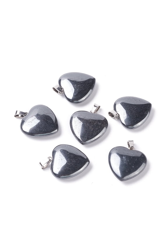 10pc Synthetic Non-magnetic Hematite Pendants with Platinum Tone Brass Findings Heart 27~28x24.5~26x6~8.5mm Hole: 2.4mm