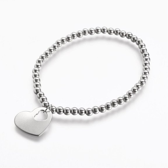 10pc Resistant 304 Stainless Steel Pendants Stretch Bracelets Heart Stainless Steel Color 2-1/8 inch(55mm)