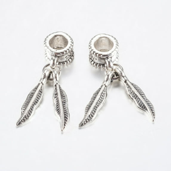 10pc Tibetan Style Alloy European Dangle Charms Large Hole Pendants Double Feather Antique Silver 27mm Pendant: 18x4x2mm Hole: 4.5mm