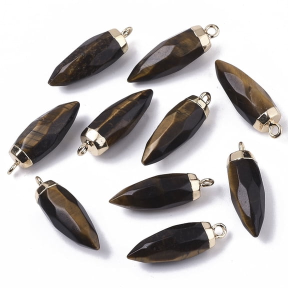 10pc Top Golden Plated Natural Tiger Eye Pointed Pendants with Iron Loops Faceted 25~26x7~8mm Hole: 1.8mm