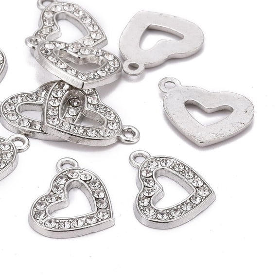10pc Valentine Day Ideas Alloy Rhinestone Pendants Cadmium Free & Lead Free Heart Platinum Color about 19mm wide 15mm long hole: 2mm