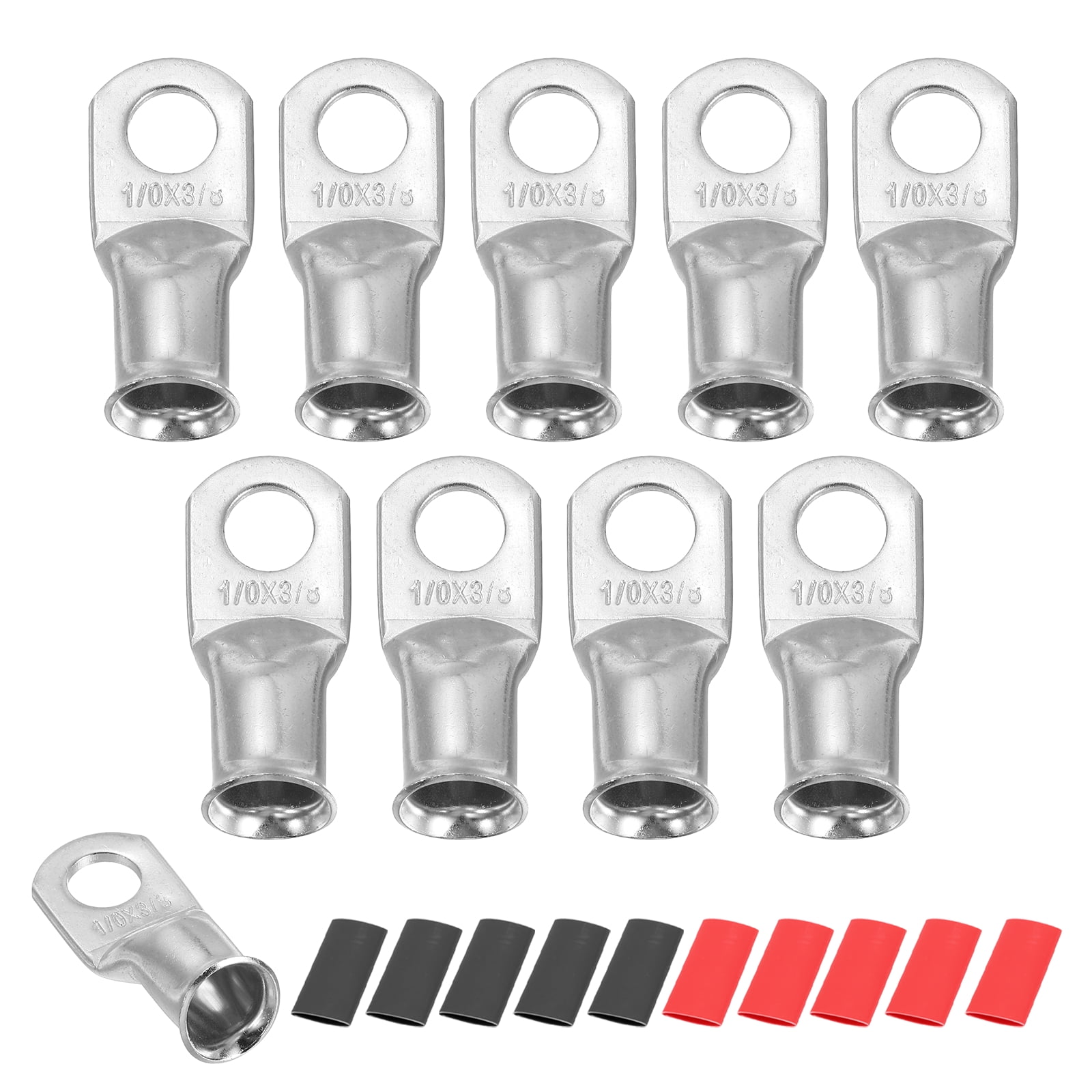 10pcs 1/0 AWG M10 Battery Lugs Ring Terminal, 3/8" 10mm Stud Crimp Wire Terminal Connector End Copper, 2:1 Heat Shrink Tubing, Silver