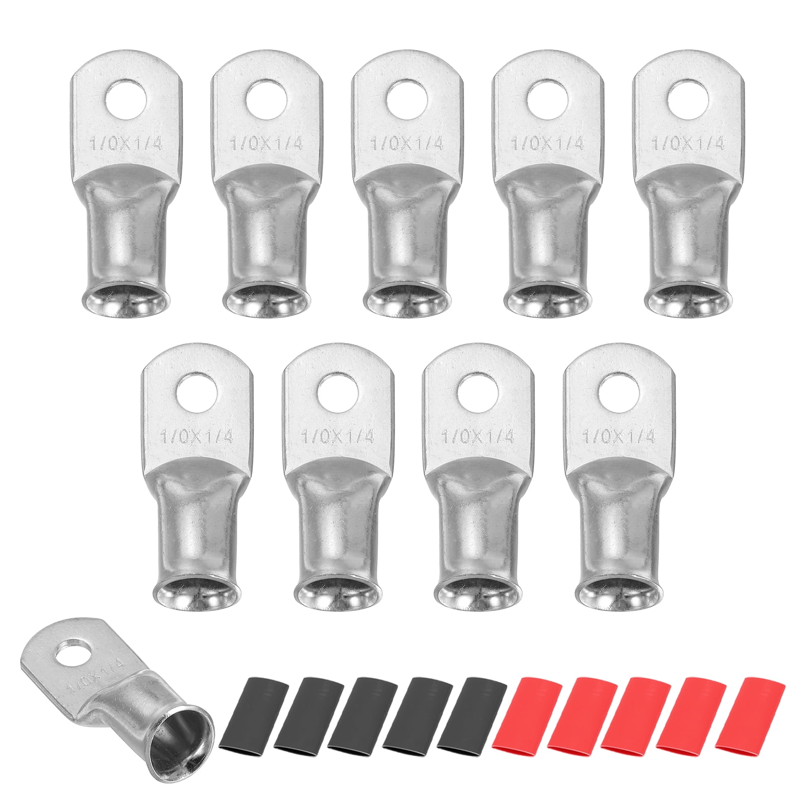 10pcs 1/0 AWG M6 Battery Lugs Ring Terminal, 1/4" 6mm Stud Crimp Wire Terminal Connector End Copper, 2:1 Heat Shrink Tubing, Silver
