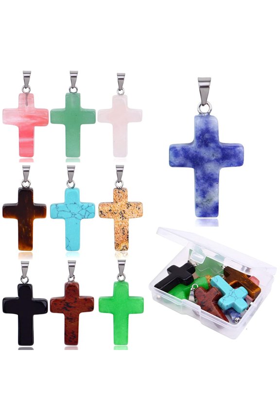 10pcs (10 Colors) Natural Stone Cross Pendant Healing Crystal Quartz Stone Charms Chakra Gemstone Pendants with a Box for DIY Necklace Earring Jewelry Making