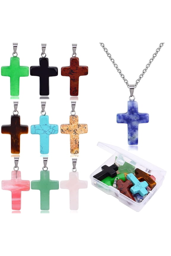 10pcs (10 Colors) Natural Stone Cross Pendant Healing Crystal Quartz Stone Charms Chakra Gemstone Pendants with a Box for DIY Necklace Earring Jewelry Making