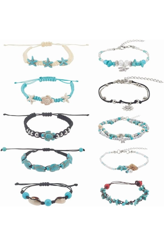 10pcs 10 Styles Beach Anklet Ankle Bracelets for Women Shell Anklet Summer Natural Adjustable Ankle Bracelet Handmade Boho Hawaiian Beach Seashell Jewelry for Women Female
