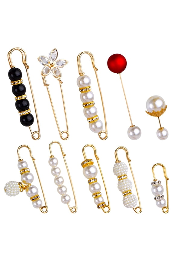 10pcs  10 StylesHeavy Duty Safety Pins Metal Large Safety Blanket Pins Brooch Pins with White Pearl Rhinestones Accessories for Women Clothing Shirts Dresses Sweater Shawl Decoration