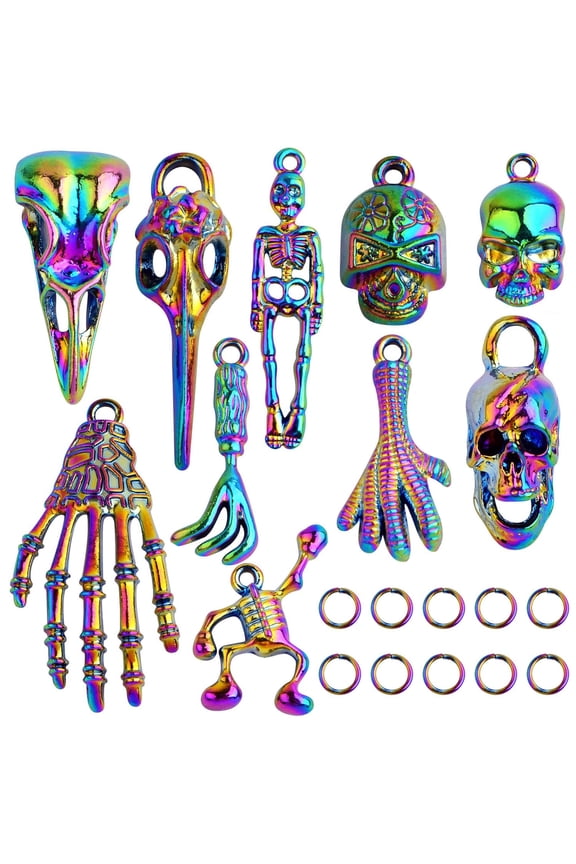 10pcs 10 Styles Rainbow Color Skull Head Charms Collection Alloy Halloween Skeleton Bone Pendants and 10pcs Open Jump Rings for DIY Bracelet Keychains Crafts Jewelry Making