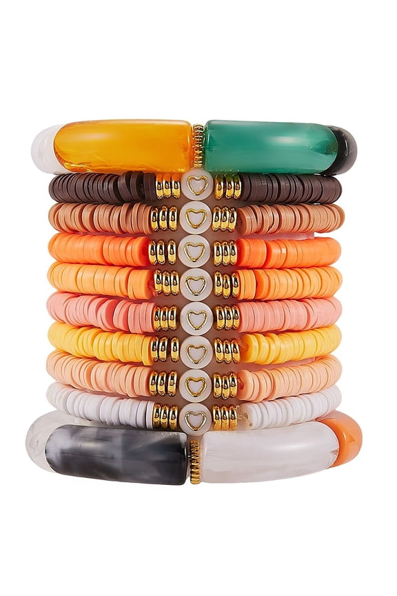 10pcs 10 style Handmade Polymer Clay Heishi Beaded Stretch Bracelets set with Heart Acrylic Chunky Curved Tube Bracelets for Women Orange Inner Diameter: 2-1/8 inch(5.5cm)