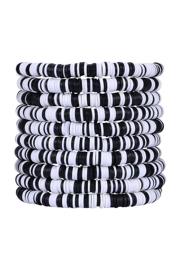 10pcs 10 style Polymer Clay Heishi Surfer Stretch Bracelets set Stackable Preppy Bracelets Black and White Inner Diameter: 2 inch(5cm) 1pc/style
