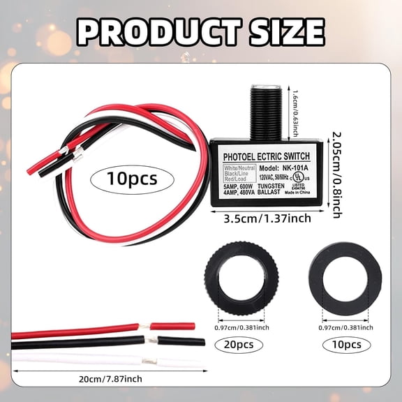 10pcs 105V-130V AC Photocell Light Sensor with Auto On/Off, Dusk to Photoelectric Switch for Outdoor Lighting Street Lights Control with Nuts & Washers