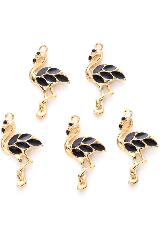 10pcs 10Pcs Alloy Enamel Flamingo Pendants Light Gold Flamingo Shape Metal Charms Pendant Black Jewelry Making Charms for Necklace Bracelet Jewelry Making 29.5x16x3mm Hole: 1.6mm