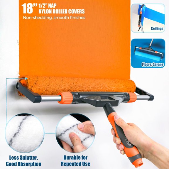 10pcs 12"-18" Adjustable Large Paint Roller Kit: 1-5Ft Aluminum Extension Poles, Brush & Roller Cleaner, Ergonomic Handle, 18" Nylon Covers for Walls,Ceiling,Floors,Interior,Exterior Painting