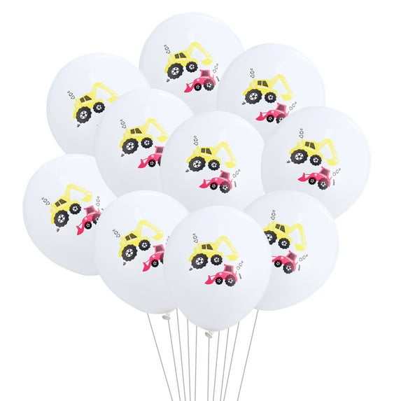 10pcs 12 Inches Excavator Construction Vehicle Printing Balloons Set Birthday Party Supplies Latex Balloons Party Decoration Without Ribbon(White)