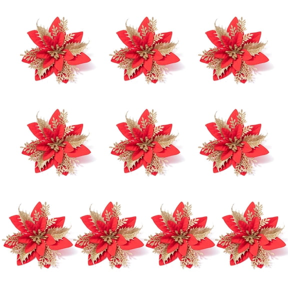10pcs 14cm Glitter Artificial Poinsettia Christmas Flowers XmasTree Ornaments Christmas Decorations for Home New Year