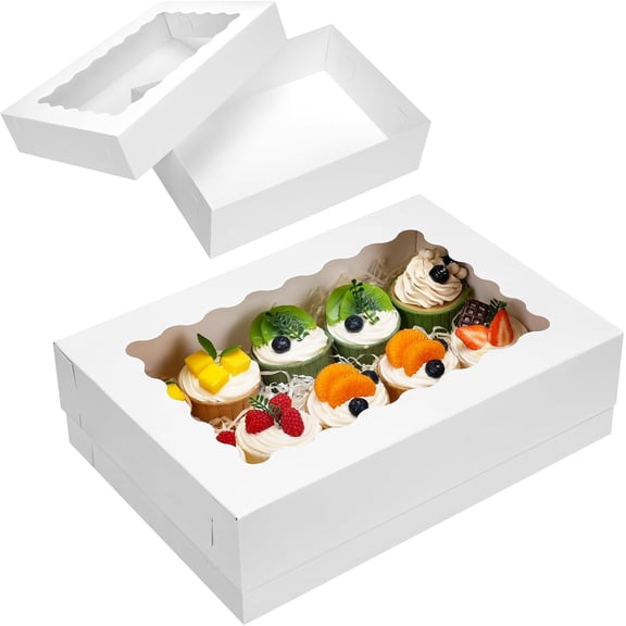 10pcs 14x10x4in Sheet Cake Boxes White Rectangle Bakery Boxes with Window, for Cake Pastry Baking Donuts Cupcake Pie Packaging