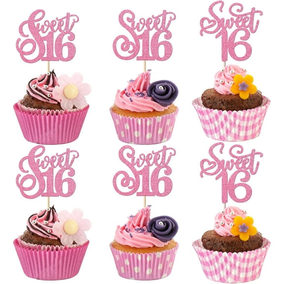 10pcs 16th Birthday Cupcake Toppers Glitter Sweet 16 Sixteen Years Old Cupcake Picks Cake Decoration for Kids, Wedding, Anniversary Party Decorations Pink