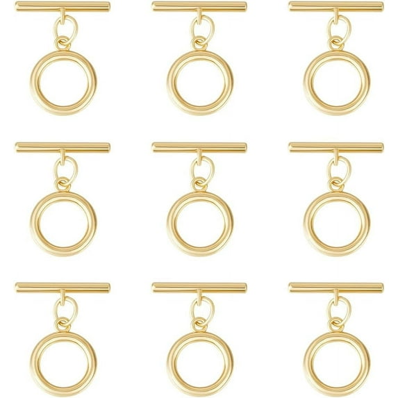 10pcs 18K Real Gold Plated Brass Toggle Clasps Round Toggle Clasps Connectors Hollow Jump Rings Connectors for DIY Bracelet Necklace Jewellery Making 16x3.5mm