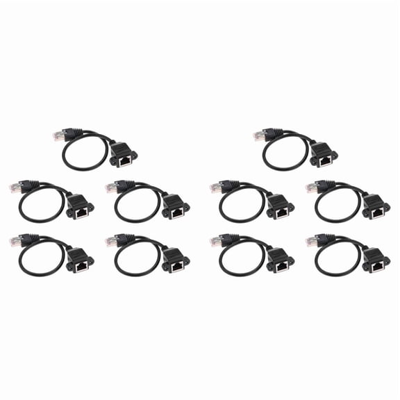10pcs 1FT RJ45 Male to Female Screw Panel Mount Ethernet LAN Network Extension Cable,10 x Network extension cable,Black