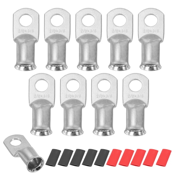 10pcs 2/0 AWG M10 Battery Lugs Ring Terminal, 3/8" 10mm Stud Crimp Wire Terminal Connector End Copper, 2:1 Heat Shrink Tubing, Silver