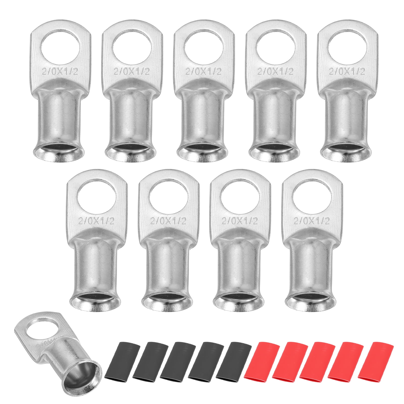 10pcs 2/0 AWG M12 Battery Lugs Ring Terminal, 1/2" 12mm Stud Crimp Wire Terminal Connector End Copper, 2:1 Heat Shrink Tubing, Silver