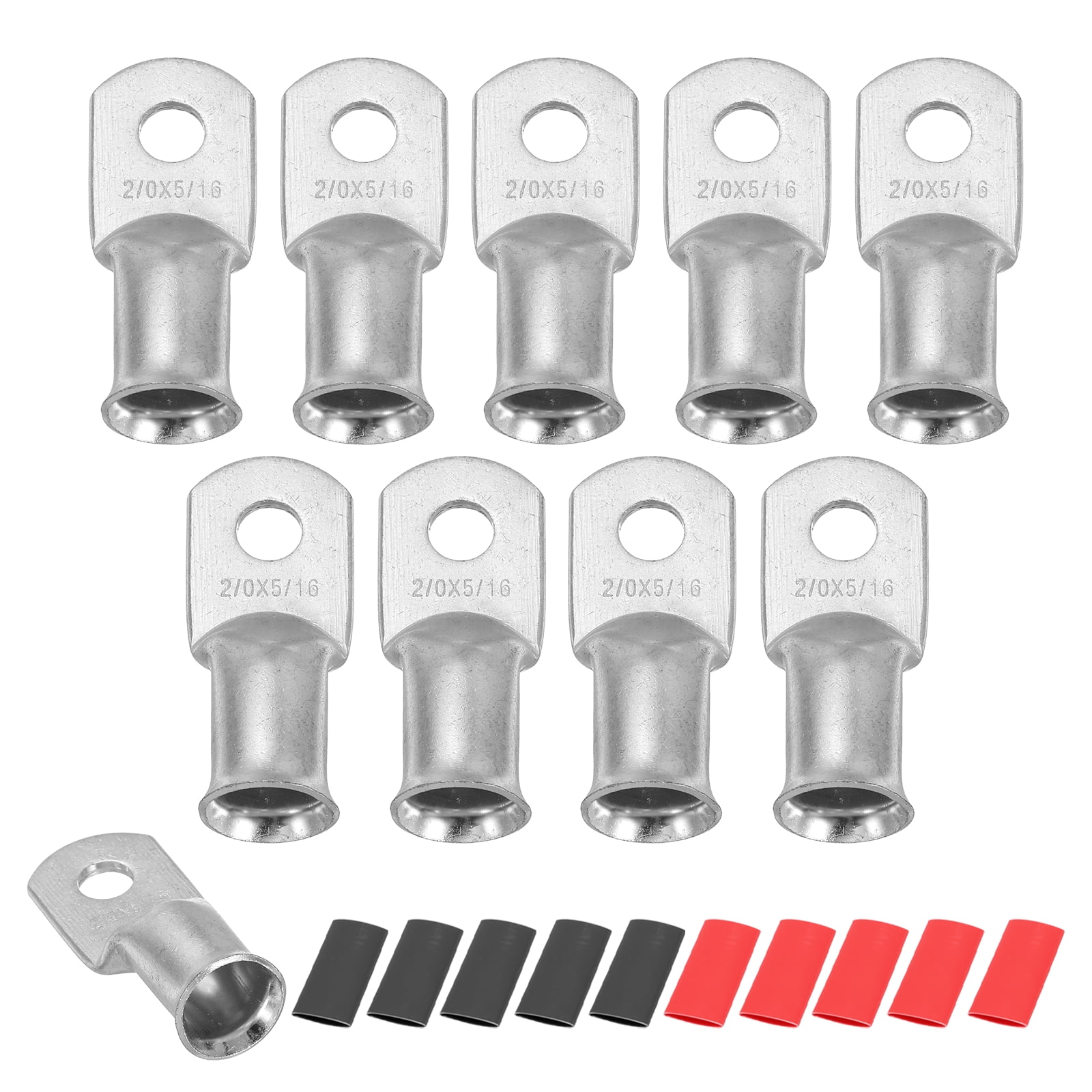 10pcs 2/0 AWG M8 Battery Lugs Ring Terminal, 5/16" 8mm Stud Crimp Wire Terminal Connector End Copper, 2:1 Heat Shrink Tubing, Silver
