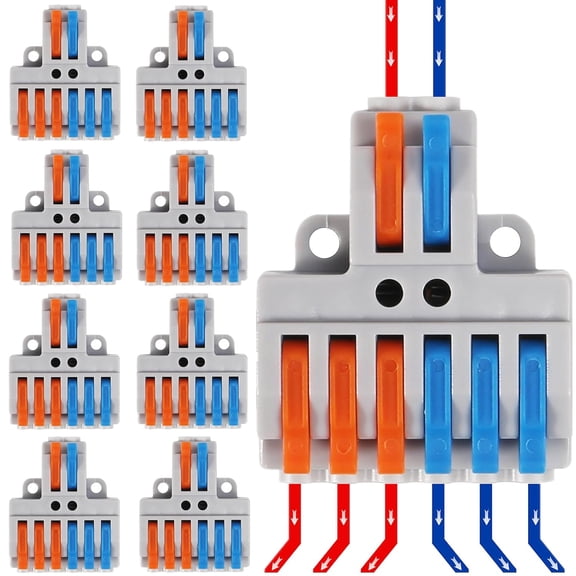 10pcs 2 in 6 Out Lever Wire Connector, 12-28 AWG / 600V 32A Push-In Quick Splice Terminal Block, Tool-Free Electrical Lever Nut Connector for LED Lighting, Household Wiring, DIY Projects