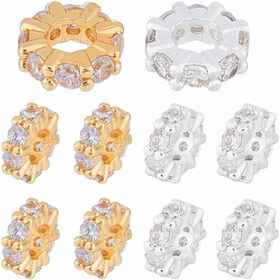 10pcs 2 Colors Rondelle Spacer Beads 8mm Brass Cubic Zirconia Beads Flat Round Spacer Beads Rhinestone Loose Beads