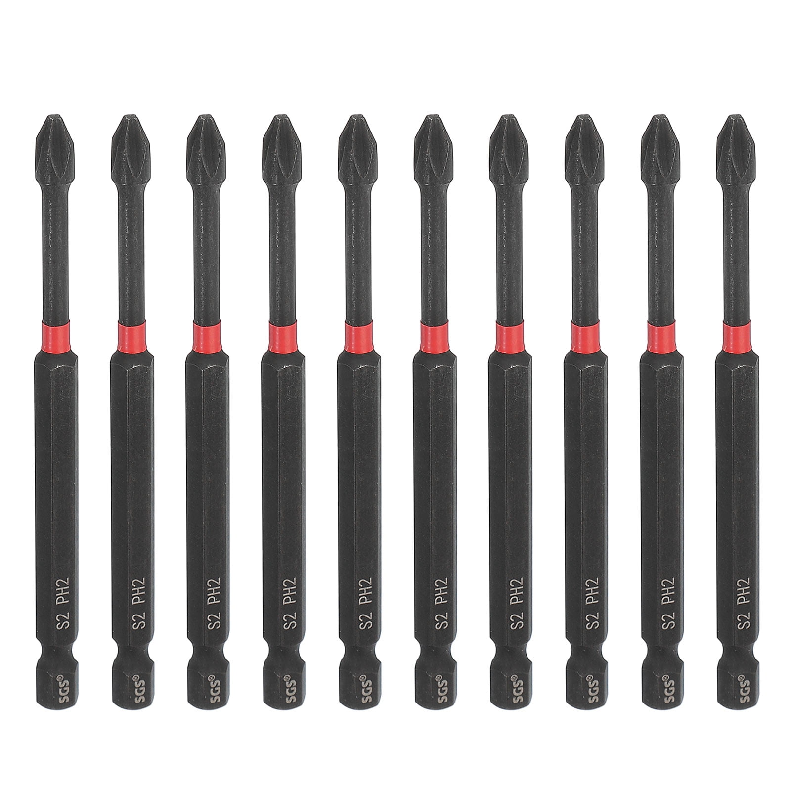 10pcs #2 Phillips Impact Screwdriver Bit PH2 1/4" Hex Shank 4" (100mm) Long Magnetic Cross Head Drill Bits S2 Steel Industrial Screw Driver for Impact Power Drivers, Black/Red
