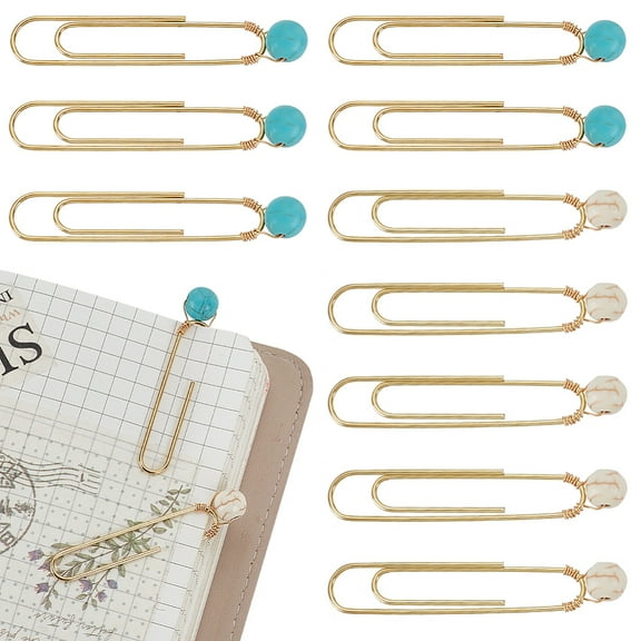 10pcs 2 styles Iron Oval Paper Clips with Gemstone Beads Round 56mm 5pcs/style