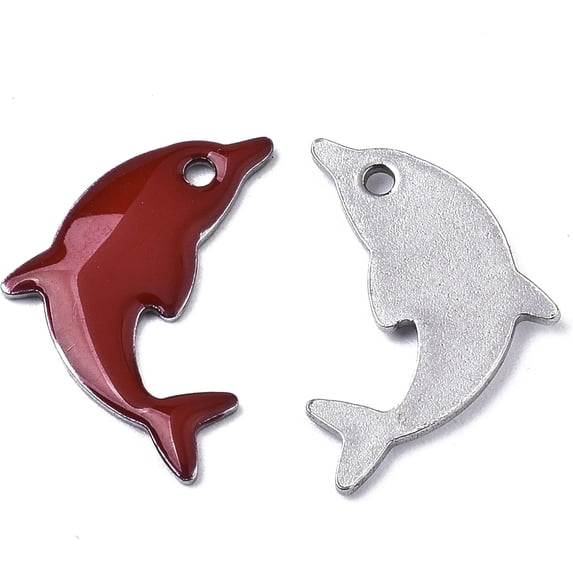 10pcs 201 Stainless Steel Enamel Pendants Dolphin Stainless Steel color Brown 17x11.5x1.5mm Hole: 1.2mm