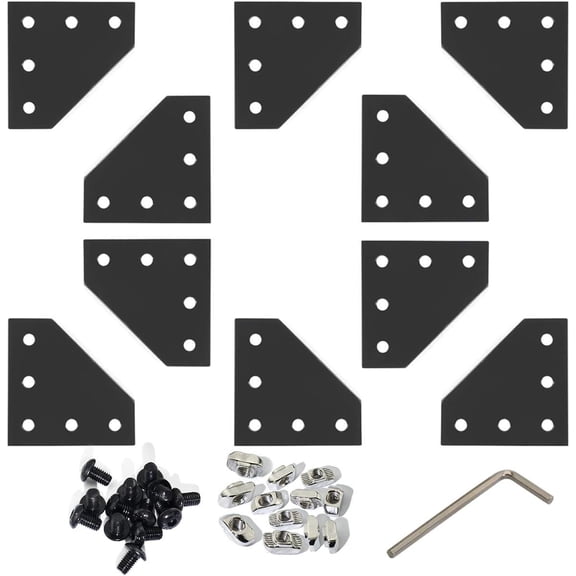10pcs 2020 Series 5 Hole Surface Anodic Oxidation L Shape Plate Outside Corner Bracket Aluminum Profile Connector Set with 50pcs T Nut + 50pcs Hex Screw + 1pcs Wrench Black