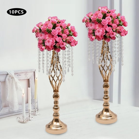 10pcs 21.7inch Gold Crystal Flower Stand Wedding Centerpieces Tabletop Metal Flower Vase for Wedding Table Centerpieces