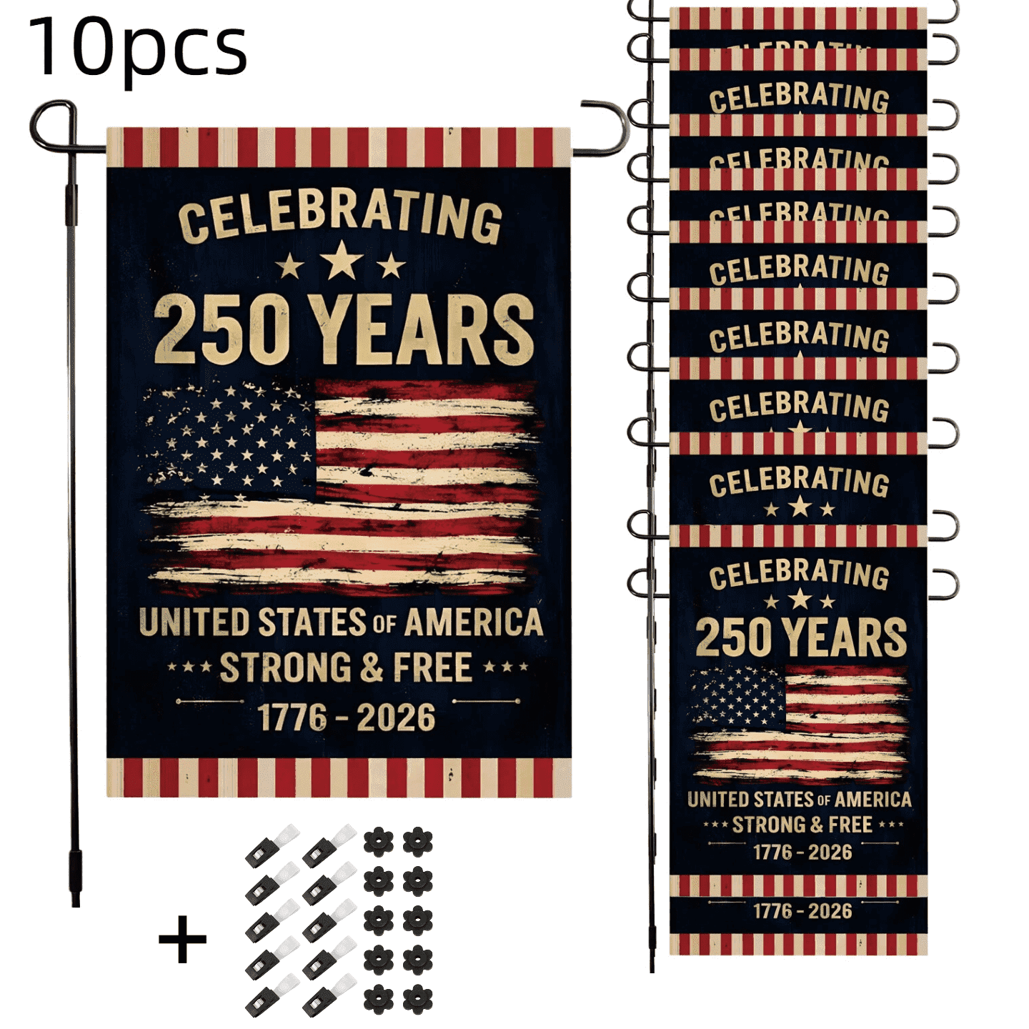 10pcs 250th Anniversary Flag Doubleside Linen Celebrating 250 Years Anniversary Flags Retro 1776-2026 Patriotic Flags for Outdoor Lawn Garden Decor