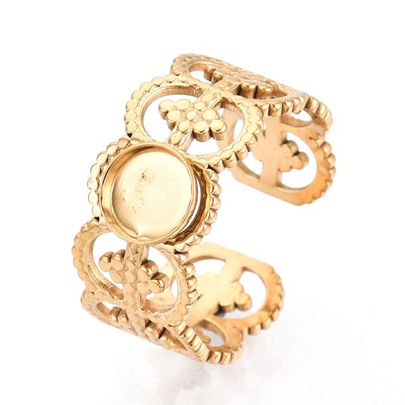 10pcs 304 Stainless Steel Cuff Ring Components Round Pad Ring Setting Ion Plating(IP) Real 18K golden Plated Tray: 6mm 9.8mm Inner Diameter: Adjustable