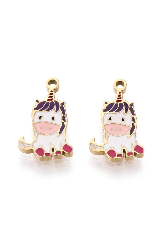 10pcs 304 Stainless Steel Enamel Charms Unicorn Charm Real 14K golden Plated 14x8.5x1mm Hole: 1mm
