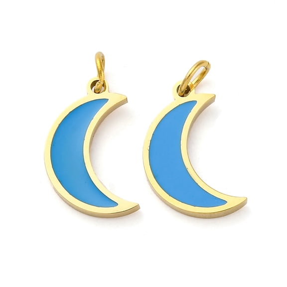 10pcs 304 Stainless Steel Enamel with Jump Ring Moon Ion Plating(IP) golden Dodger Blue 13x7.5x1.5mm Hole: 2.3mm