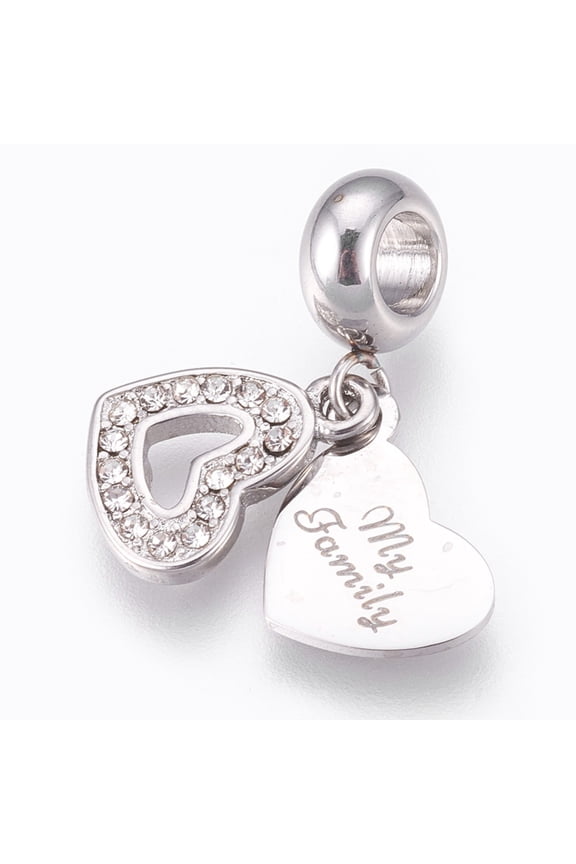 10pcs 304 Stainless Steel European Dangle Charms Large Hole Pendants with Rhinestone Heart with Word My Family Stainless Steel color 22.5mm Hole: 4mm Pendant: 13x9x1mm and 13x9x0.8mm