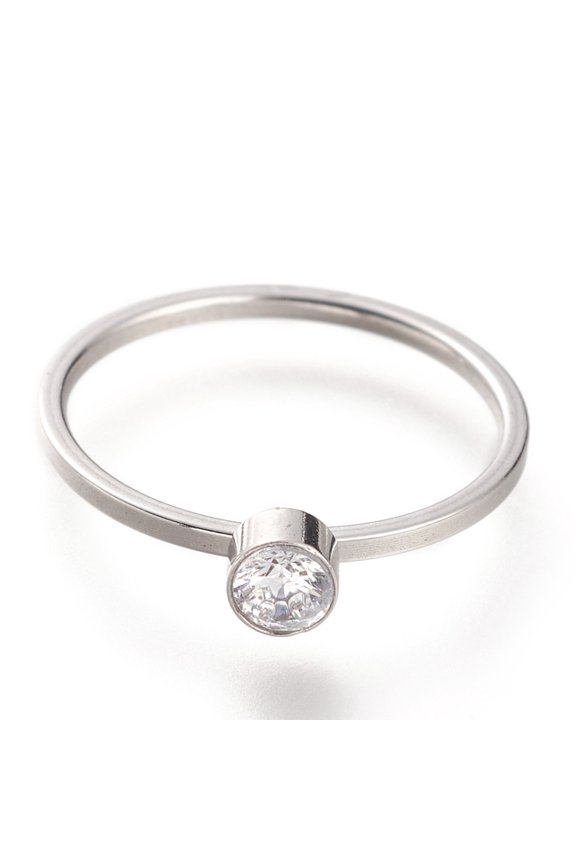 10pcs 304 Stainless Steel Finger Rings with Rhinestone Flat Round Stainless Steel color Size 7~7 3/4(17.3~17.9mm)