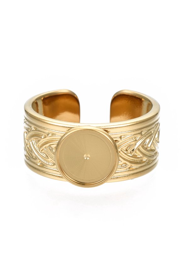 10pcs 304 Stainless Steel Open Cuff Finger Ring Cabochon Settings Flat Round Golden US Size 7 1/4(17.5mm) Tray: 8mm