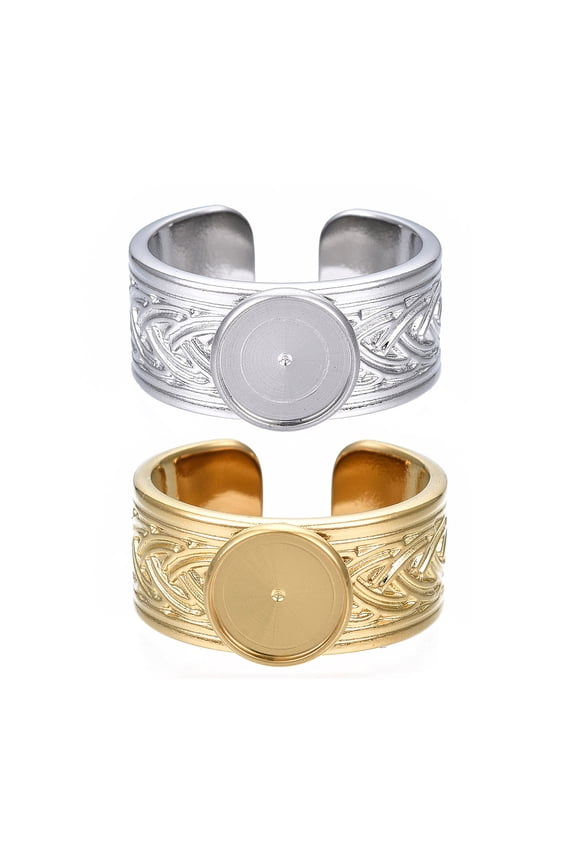 10pcs 304 Stainless Steel Open Cuff Finger Ring Cabochon Settings Flat Round Mixed color Size 7 1/4(17.5mm) Tray: 8mm