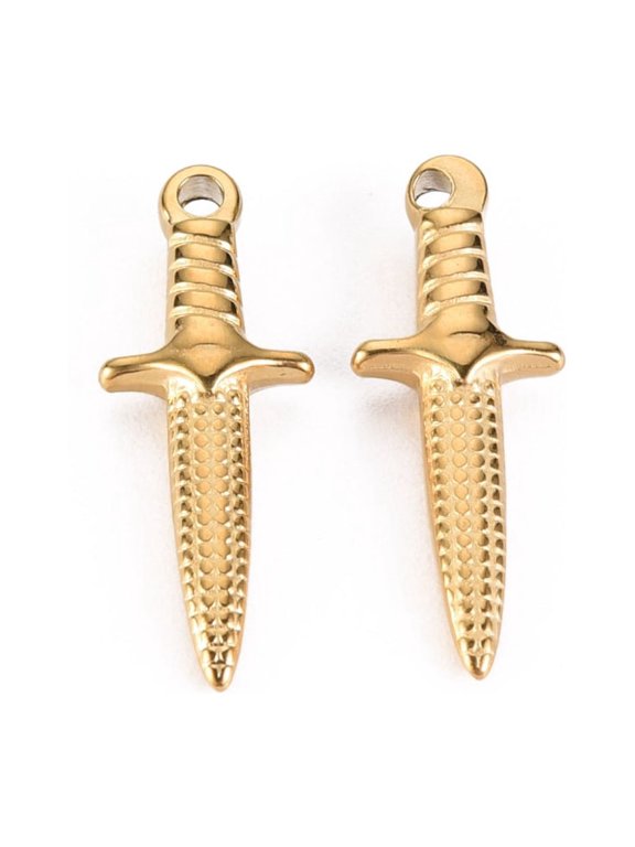 10pcs 304 Stainless Steel Pendants Dagger Real 14K golden Plated 24x9x4mm Hole: 1.4mm
